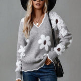 Belinha | Elegantiška Megztinė su V formos Iškirpte ir Gėlių Raštu