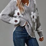 Belinha | Elegantiška Megztinė su V formos Iškirpte ir Gėlių Raštu