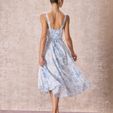 Renata | Midi Mėlyna Suknelė su Gėlių Raštu, Kvadrato Iškirpte ir Susiraukšlėjimu