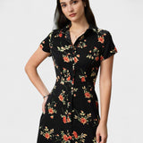 Glória | Juodas Midi Suknelė su Gėlėmis