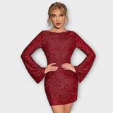 Blizgučių suknelė su atvirais nugaros ir ilgomis rankovėmis