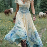 Serena™ | Maxi trumpas suknelė gėlėta levanda su rafinuotu akcentu