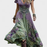 Serena™ | Maxi trumpas suknelė gėlėta levanda su rafinuotu akcentu