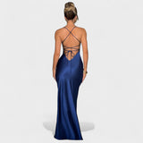 Elena - Mėlynos satino kryžminės suknelės