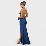 Elena - Mėlynos satino kryžminės suknelės