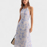 Clarice | Midi Mėlynas Gėlėtas Suknelė su Halter Dekolte