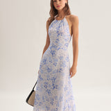 Clarice | Midi Mėlynas Gėlių Suknelė su Halter Dekolte