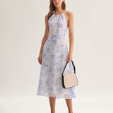 Clarice | Mėlynas gėlių midi suknelė su halterio iškirpte