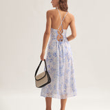 Clarice | Mėlynas gėlių midi suknelė su halterio iškirpte